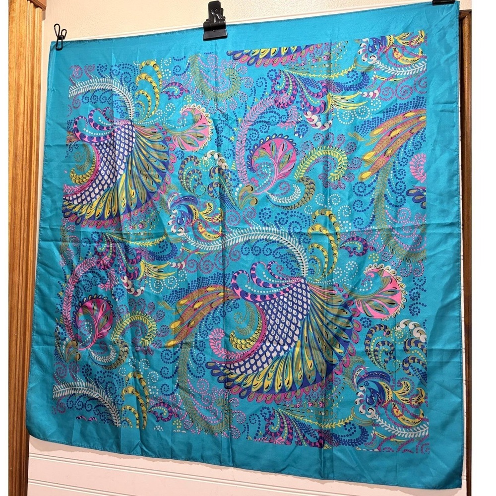 Boho Maximalist Turquoise Peacock Paisley Square Scarf Silky 32x34